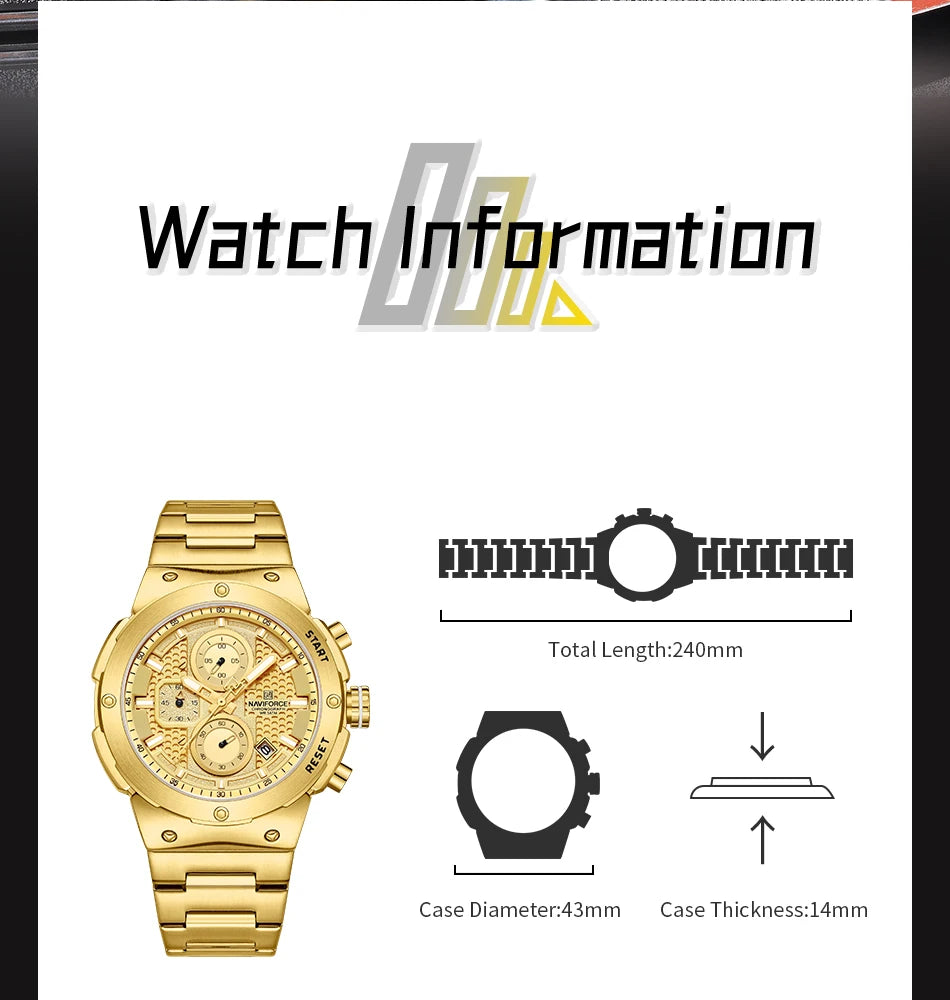 NAVIFORCE Top Luxury Men Watches Luminous Date Waterproof Chronograph Quartz Man Watch Stainless Steel Sport Military Wristwatch