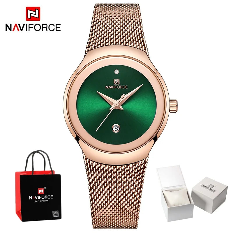 NAVIFORCE Women's Simple Quartz Watches 30M Waterproof Auto Date Steel Strap Female Casual Fashion Daily Use Wristwatch Gift Box