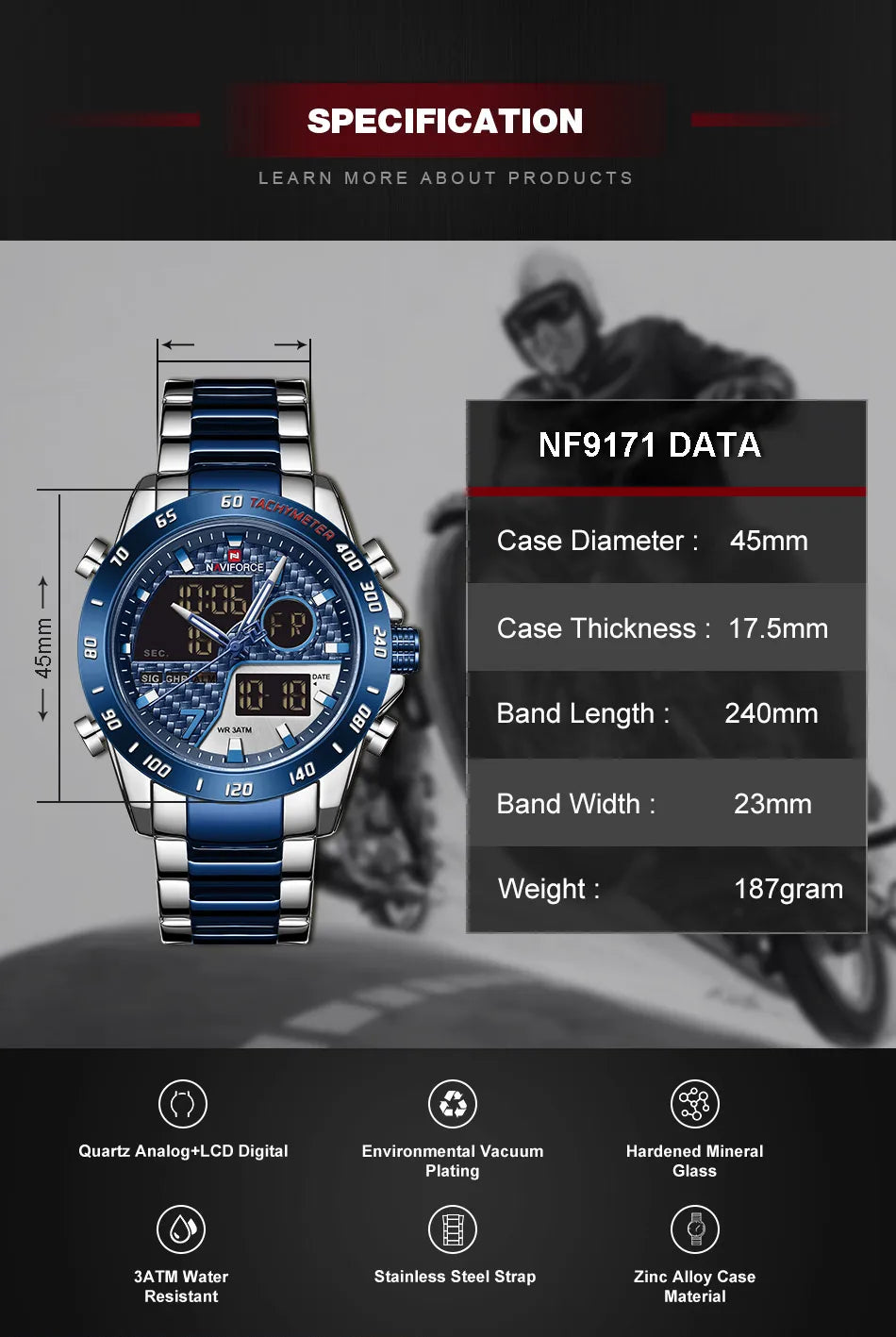 NAVIFORCE Male Quartz Dual Display Clocks Waterproof Luminous Stainless Steel Strap Watches Men Mature Style Wristwatch Gift Box