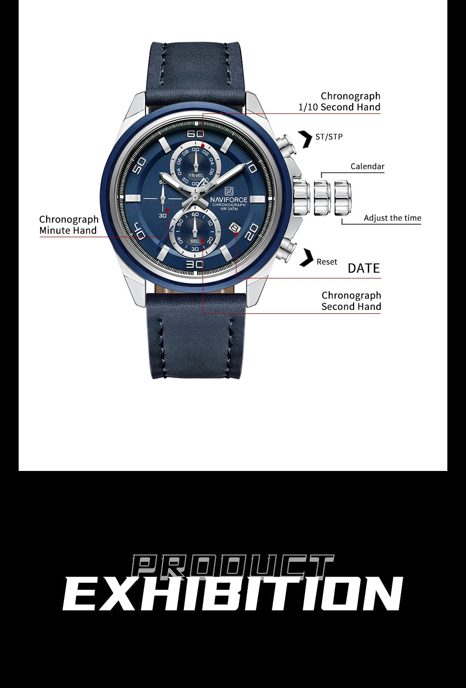 NAVIFORCE Brand Watches For Men Genuine Leather Band Chronograph Quartz Wristwatches Casual Sport 30m Waterproof Male Gift Clock