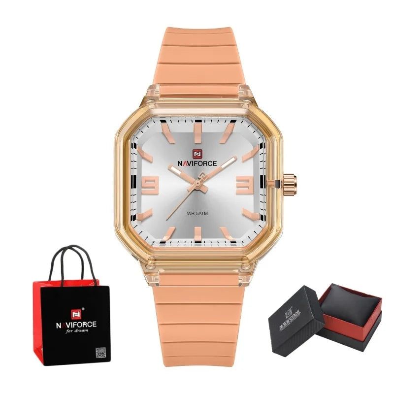 NAVIFORCE Women Polygon Watch Display Silicone Strap 50M Waterproof Luminous Fashionable Elegant Ladis Girls Wristwatch Gift Box