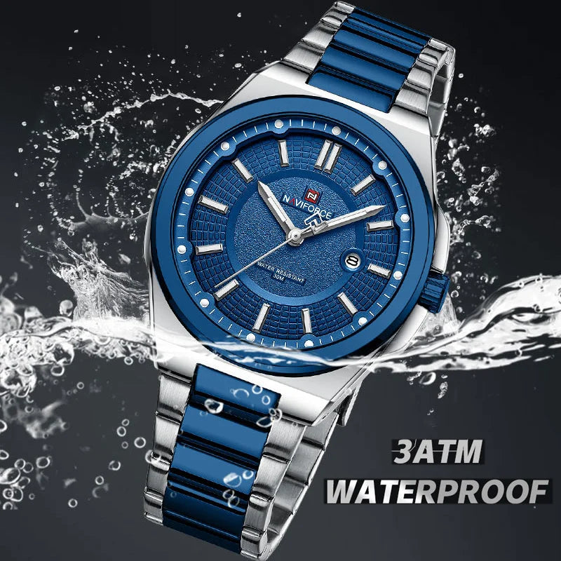 NAVIFORCE Men's Watch Stainless Steel Strap Military Casual Business Quartz Waterproof Calendar Clock with Gift Box