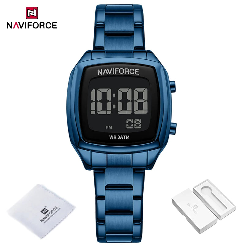NAVIFORCE 2026 Watches for Women LCD Digital Waterproof Stainless Steel Strap Female Casual Fashion Daily Wear Wristwatch NF5047