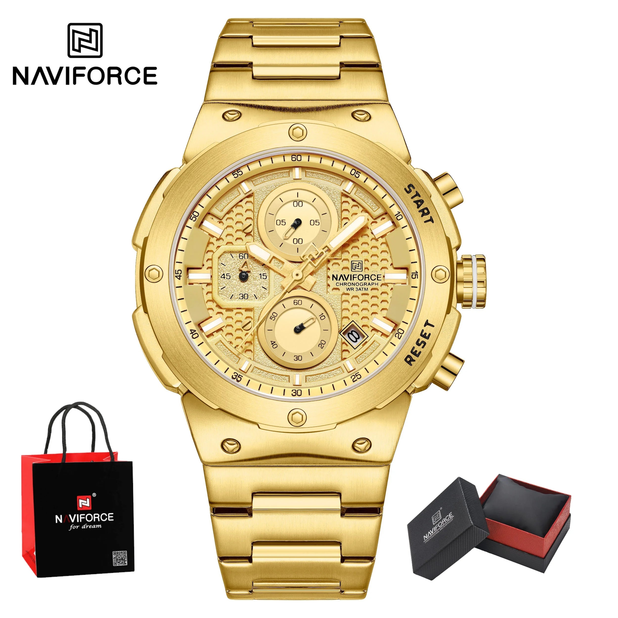 NAVIFORCE Man Watch Stainless Steel Sport Military Wristwatch Luxury Men Watches Luminous Waterproof Chronograph Quartz  Gifts