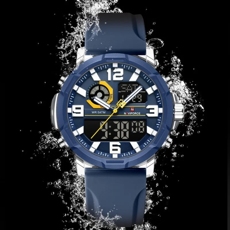 NAVIFORCE Men Dual Display Watch Alarm Clock 50M Waterproof Chronograph Stylish Novel Teenager Outdoor Sport Wristwatch Gift Box
