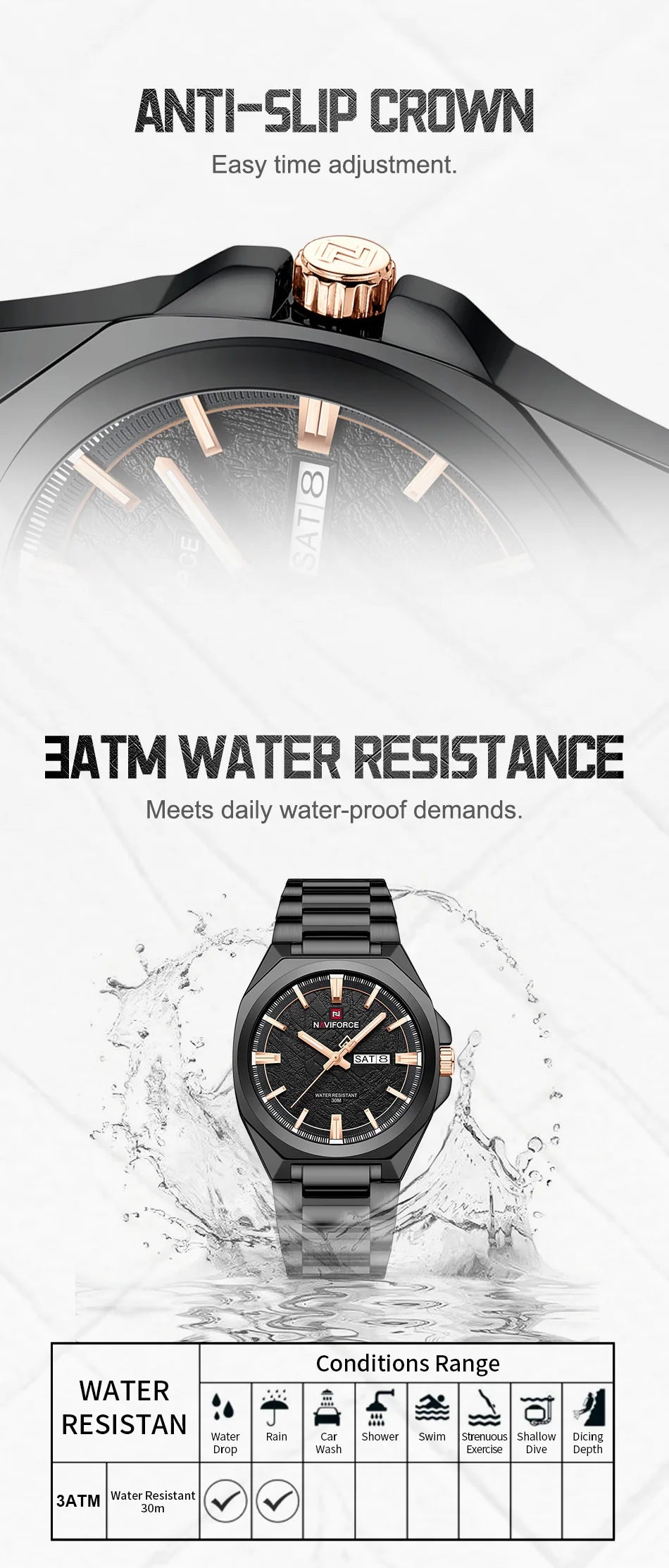 NAVIFORCE Male Quartz Stylish Wristwatch Date Week Display Waterproof Luminous Steel Band Man's Clock Luxury Wristwatch Gift Box