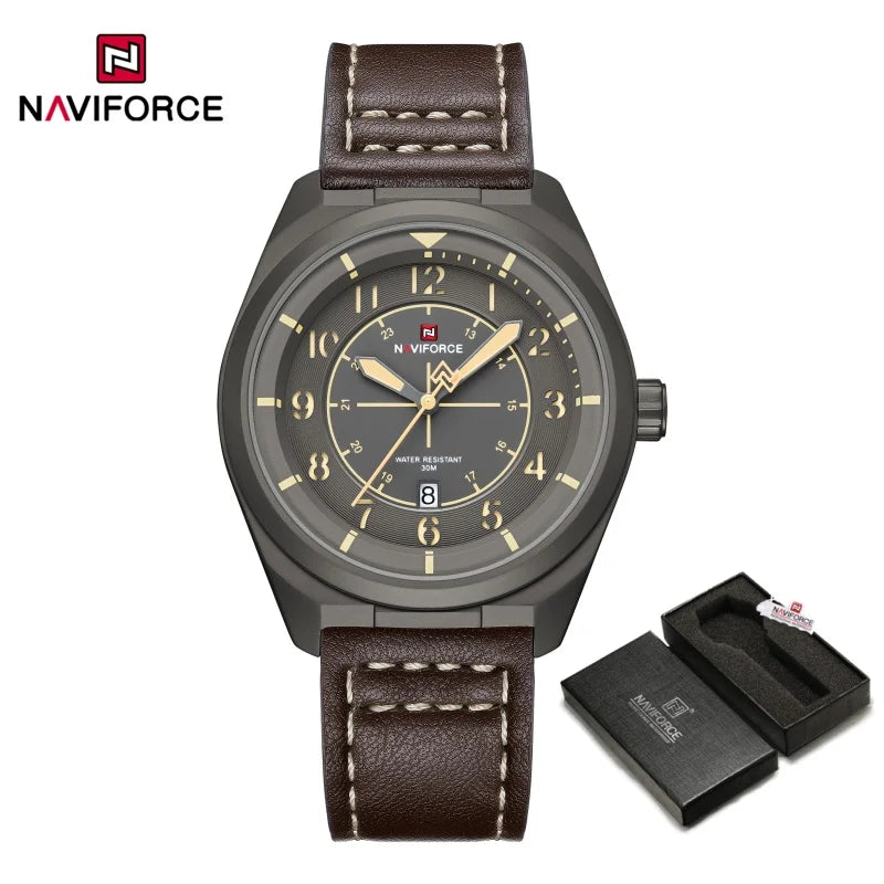 NAVIFORCE Simple Men Quartz Calendar Watch 3ATM Waterproof Genuine Leather Strap Business Casual Fashion Mature Style Wristwatch