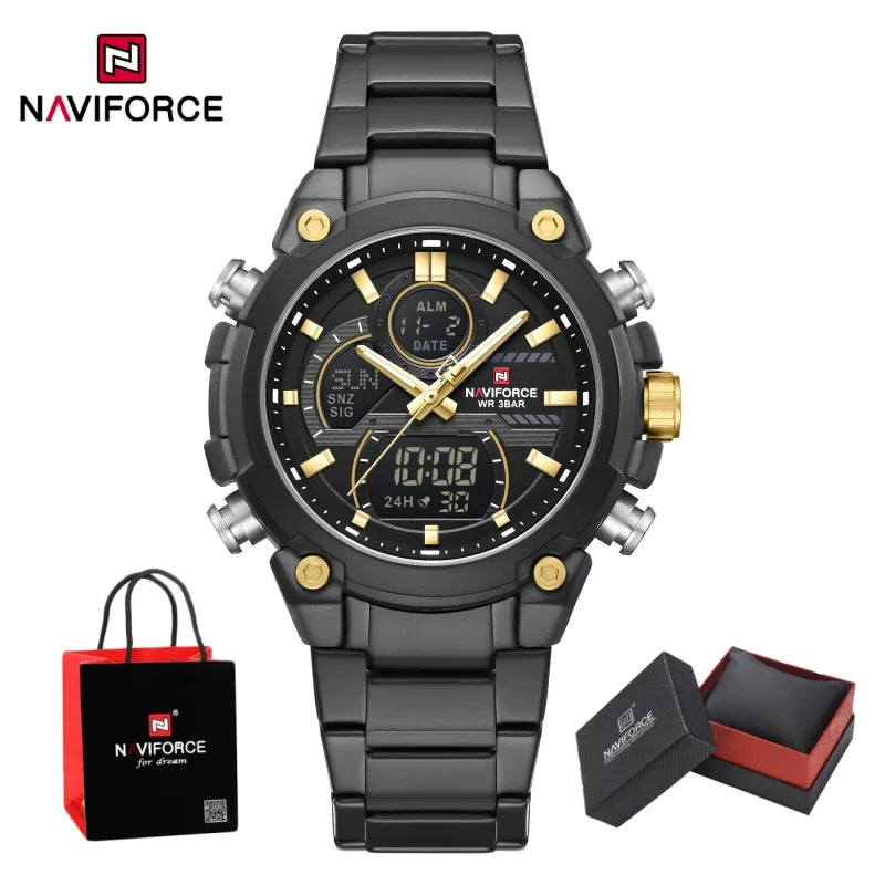 NAVIFORCE Men's Watch Luxury Quartz LCD Digital Sports Military Style Dual Display Chronograph Alarm Clock Wristwatch Gifts Box