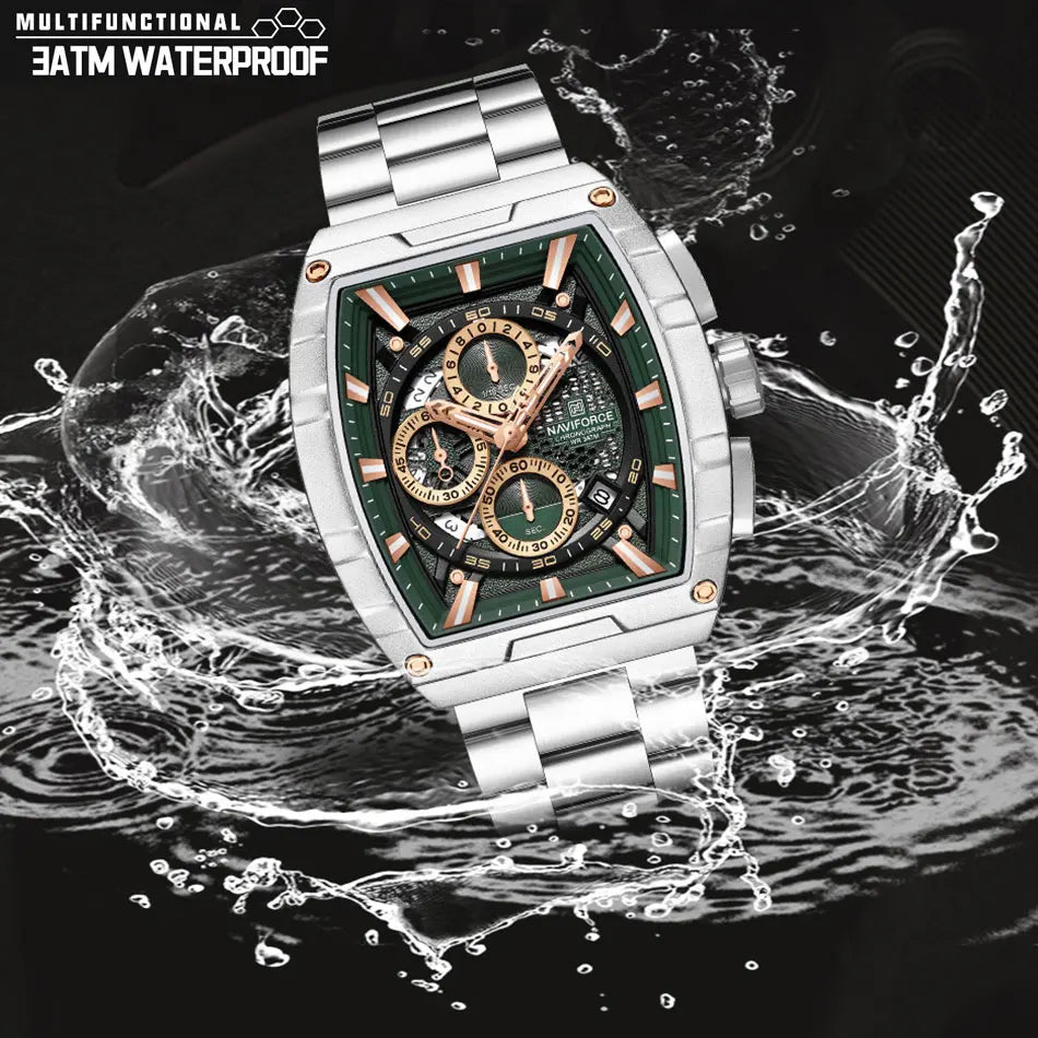 NAVIFORCE Quartz Watch for Men Fashion Waterproof Luminous Chronograph Wristwatch Auto Date Stainless Steel Strap Clock Gift