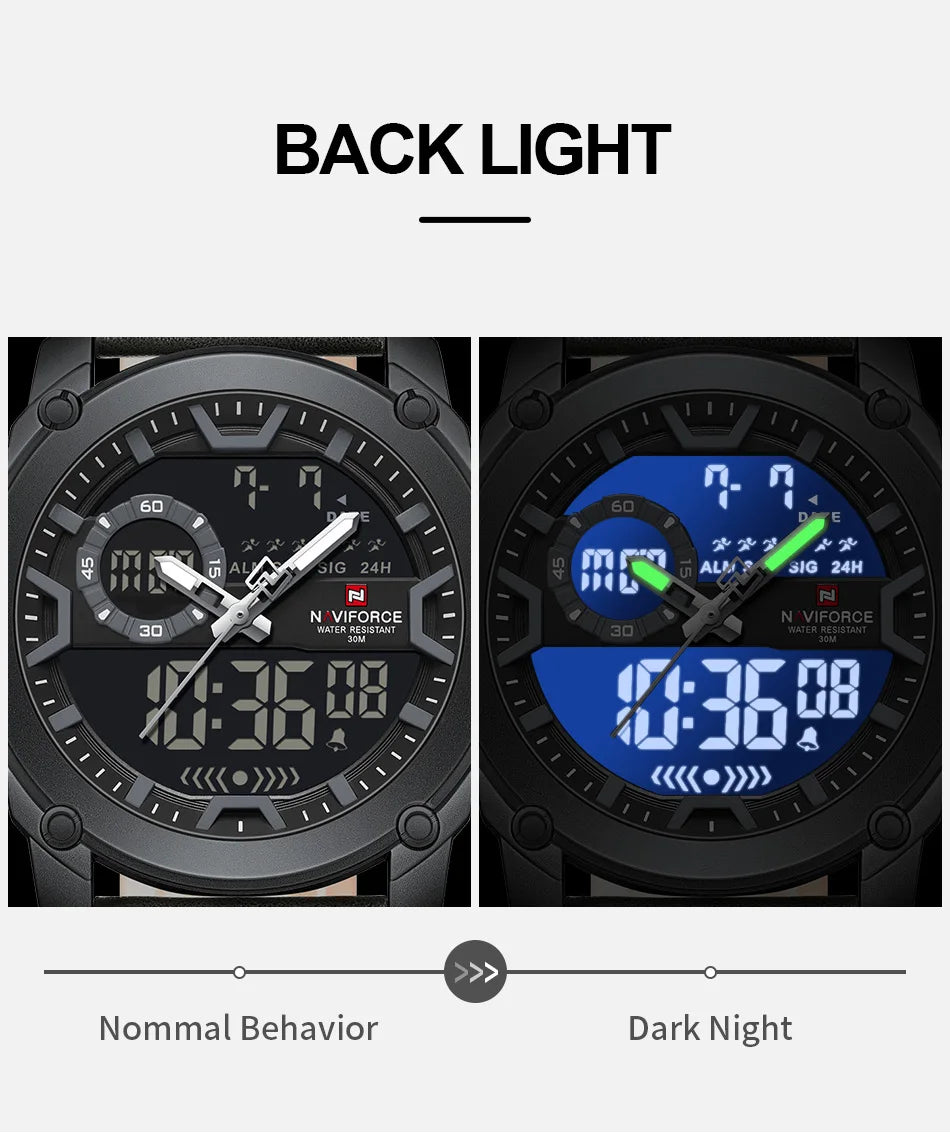 NAVIFORCE Men Watch Business Casual Fashion Dual Display Sport Genuine Strap Alarm Mode Quartz Wristwatch Man Waterproof Watch