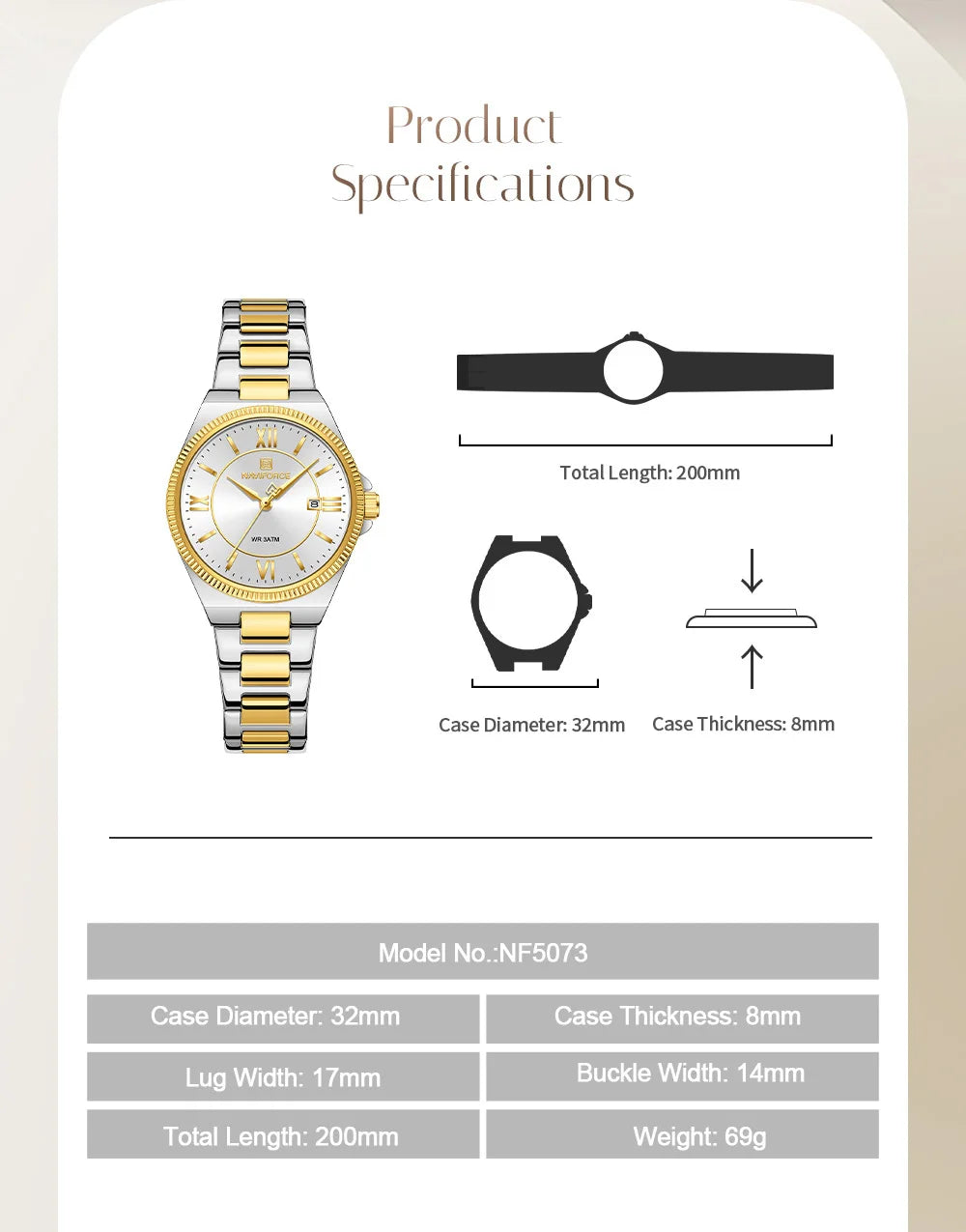 NAVIFORCE Women's Quartz Watch 3ATM Waterproof Date Display Stainless Steel Fashion for Daily Dress Lady Wristwatch Gifts Box
