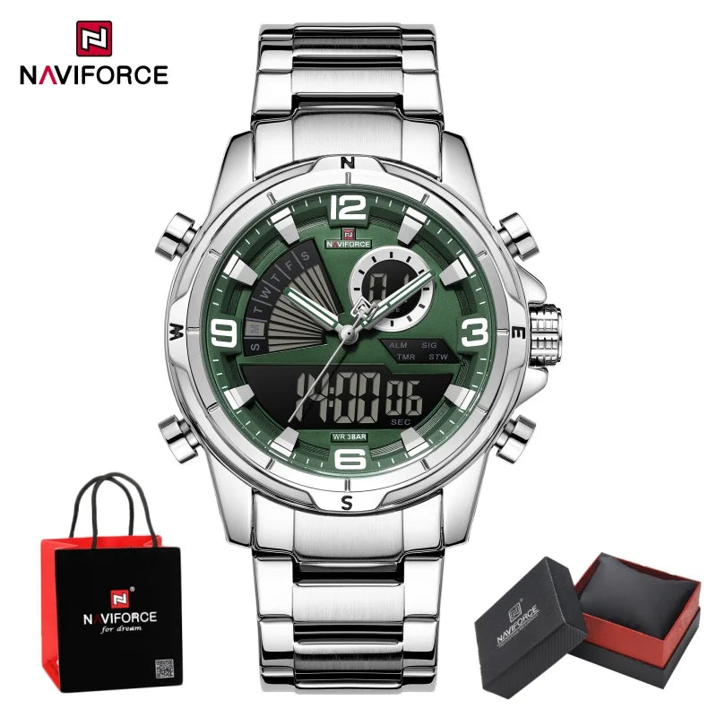 NAVIFORCE Luxury Man's Watch Quartz Chronograph Dual Display 3ATM Waterproof Military Style Sports Wristwatch Gift Box For Men