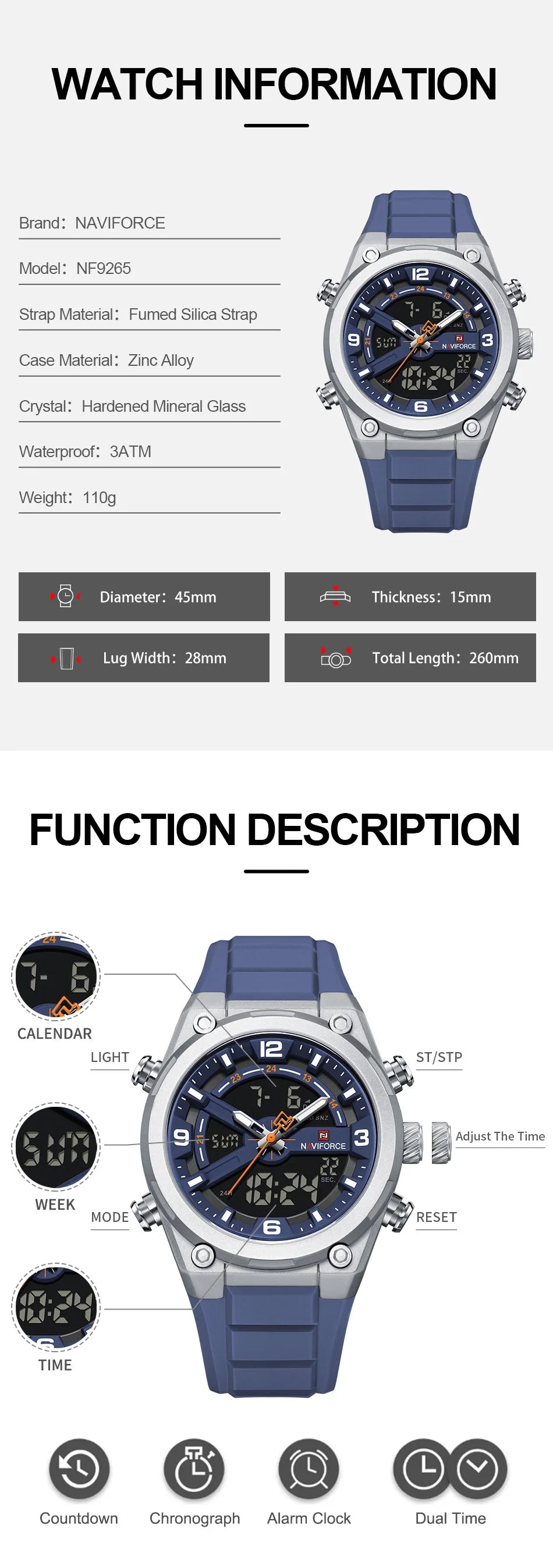 NAVIFORCE Man Watch Fashion Casual Sports Dual display Silicone Strap Waterproof Alarm Chronograph Day and Date Watches for Men