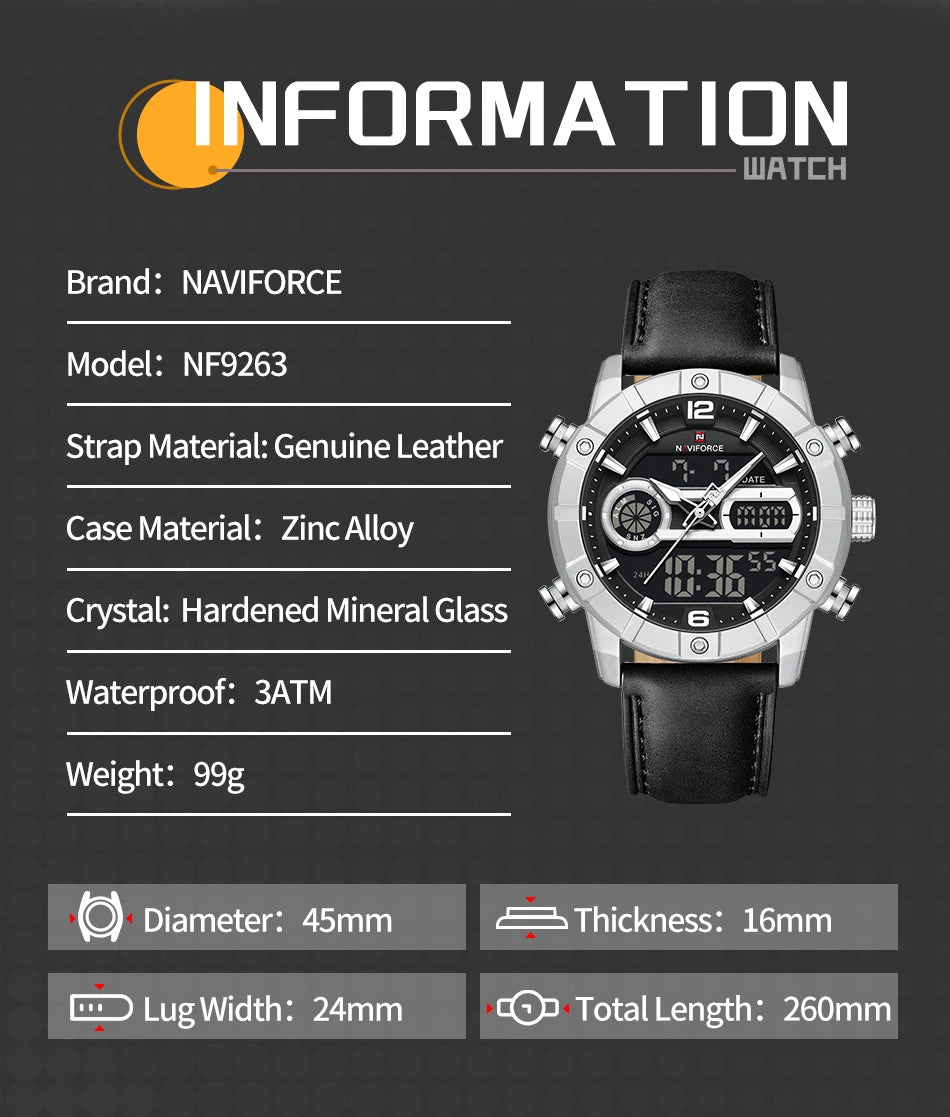 NAVIFORCE Men Watch Quartz Calendar Sports Waterproof Alarm Countdown Automatic Display Fashionable Luxury Wristwatch Gifts Box