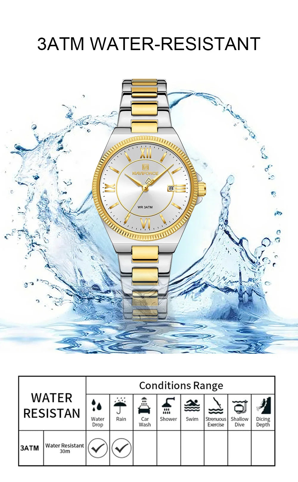 NAVIFORCE Women's Quartz Watch 3ATM Waterproof Date Display Stainless Steel Fashion for Daily Dress Lady Wristwatch Gifts Box