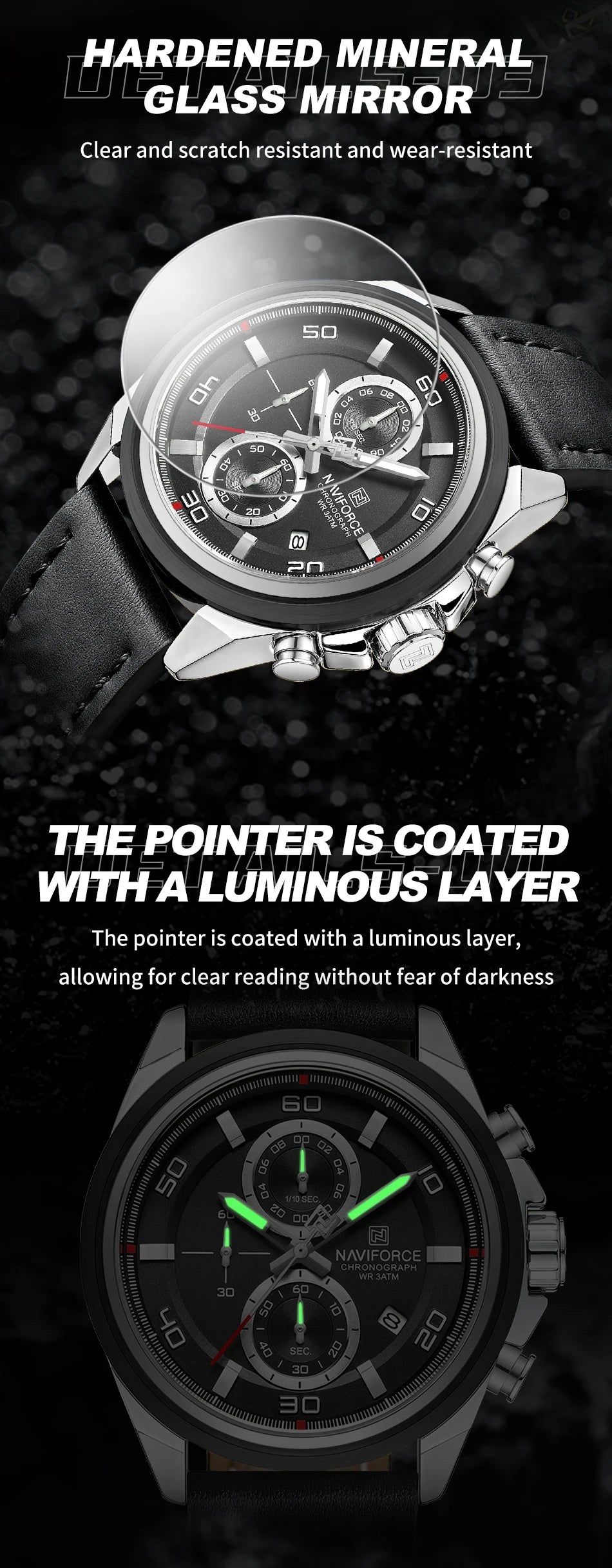 NAVIFORCE Men's Watch Quartz Chronograph Genuine Leather Strap Waterproof Luminous Hand Male Fashion Design Wristwatch Gifts Box