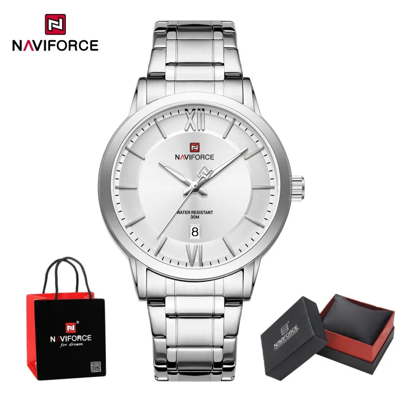 NAVIFORCE Original Watches for Men Quartz Waterproof Calendar Clock Steel Strap Military Luxury Sports Male Wristwatch Gift Box