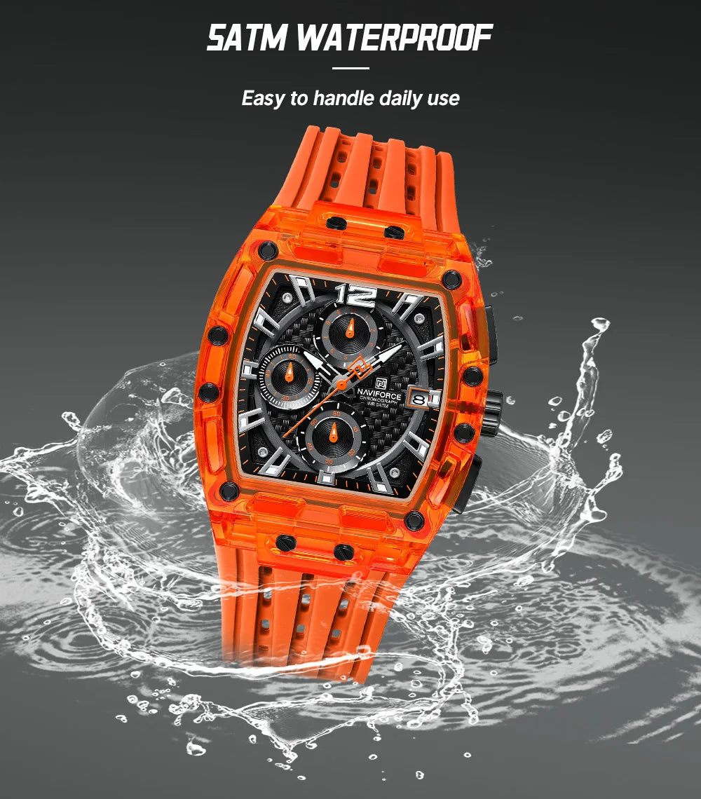 NAVIFORCE Men's Quartz Watch Multifunctional Colorful Chronograph Top Brand Silicone Strap 5ATM Waterproof Tonneau Wristwatches