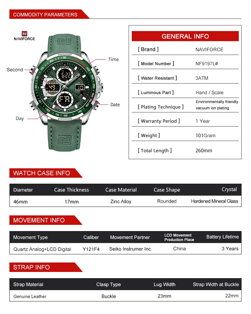 NAVIFORCE Men's Military Watch Multifunction Chronograph Sports 3ATM Waterproof with Alarm Day And Date Display Male Gifts Clock