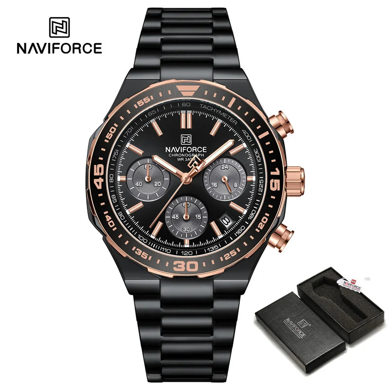 NAVIFORCE 2024 New Men Watch Waterproof Business Casual Date Luminous Quartz Wristwatch Chronograph Stainless Steel Strap Clock