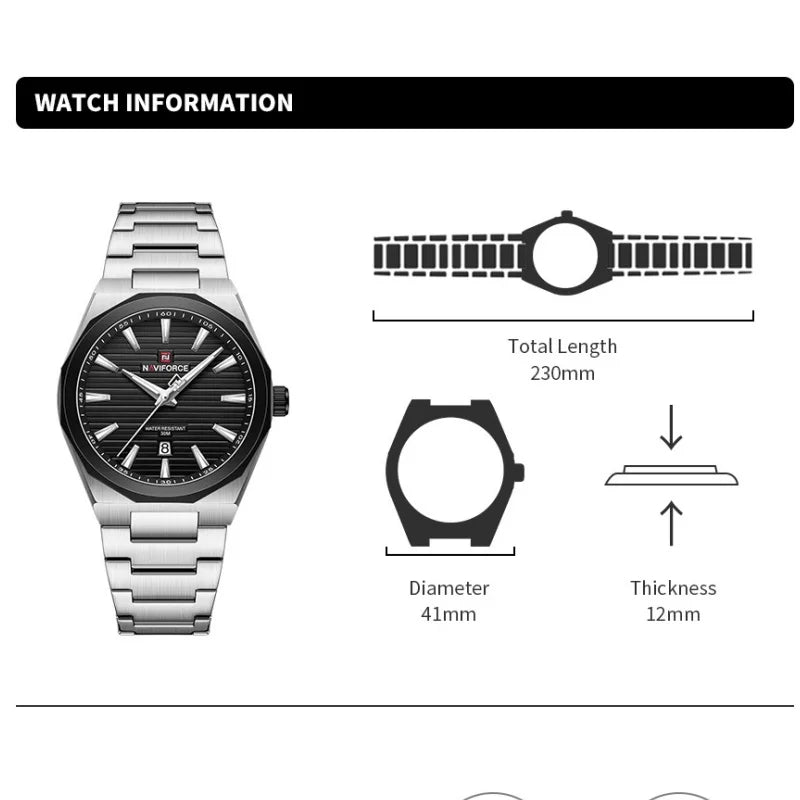 NAVIFORCE Luxury Man's Watch Quartz Date Display Clock Steel Band Fashionable Casual Military Style Wristwatch Gift Box for Male