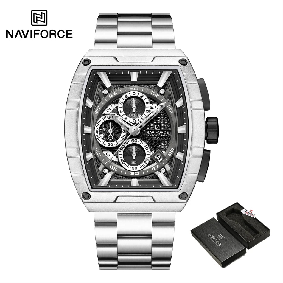 NAVIFORCE Quartz Watch for Men Fashion Waterproof Luminous Chronograph Wristwatch Auto Date Stainless Steel Strap Clock Gift