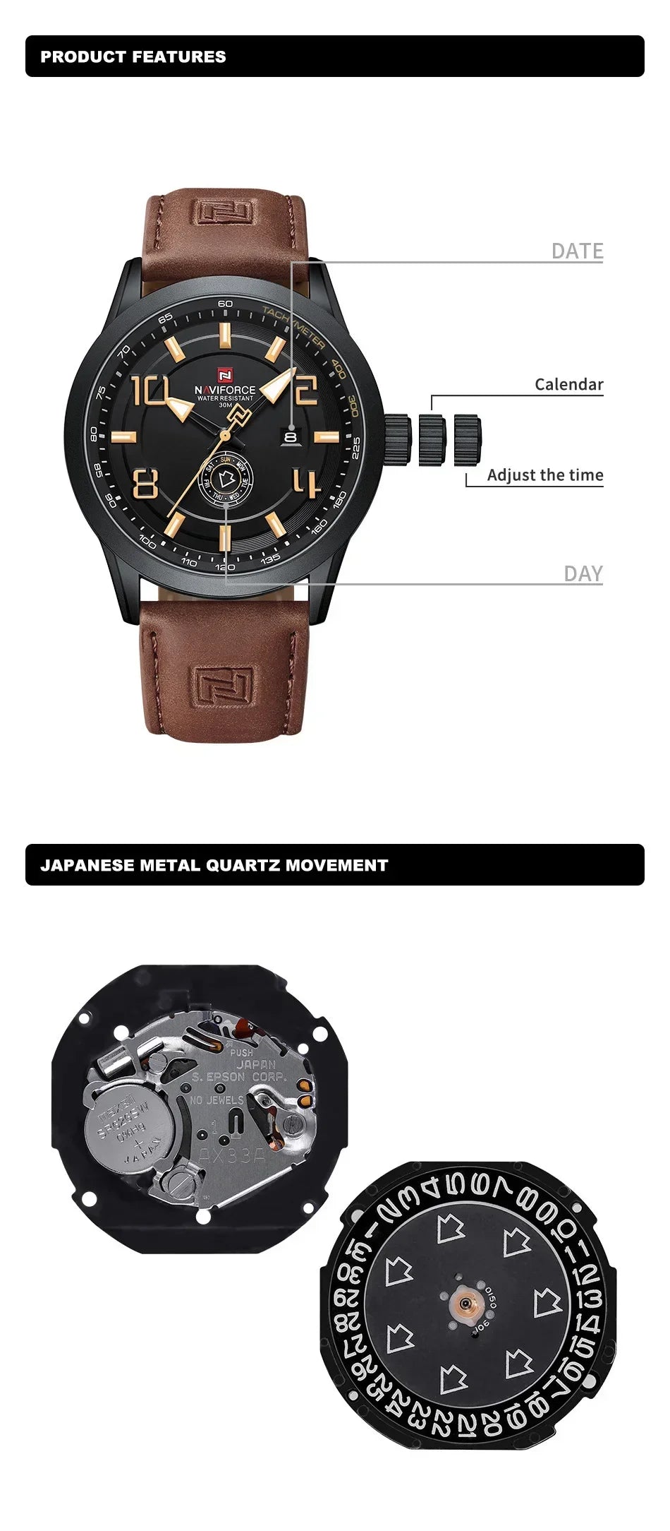 NAVIFORCE Watches for men Fashion Sports PU Strap 30m Waterproof Quartz Calendar Display Wristwatch Male Gift Relogio Masculino
