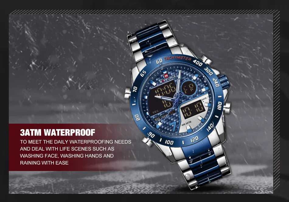 NAVIFORCE Male Quartz Dual Display Clocks Waterproof Luminous Stainless Steel Strap Watches Men Mature Style Wristwatch Gift Box