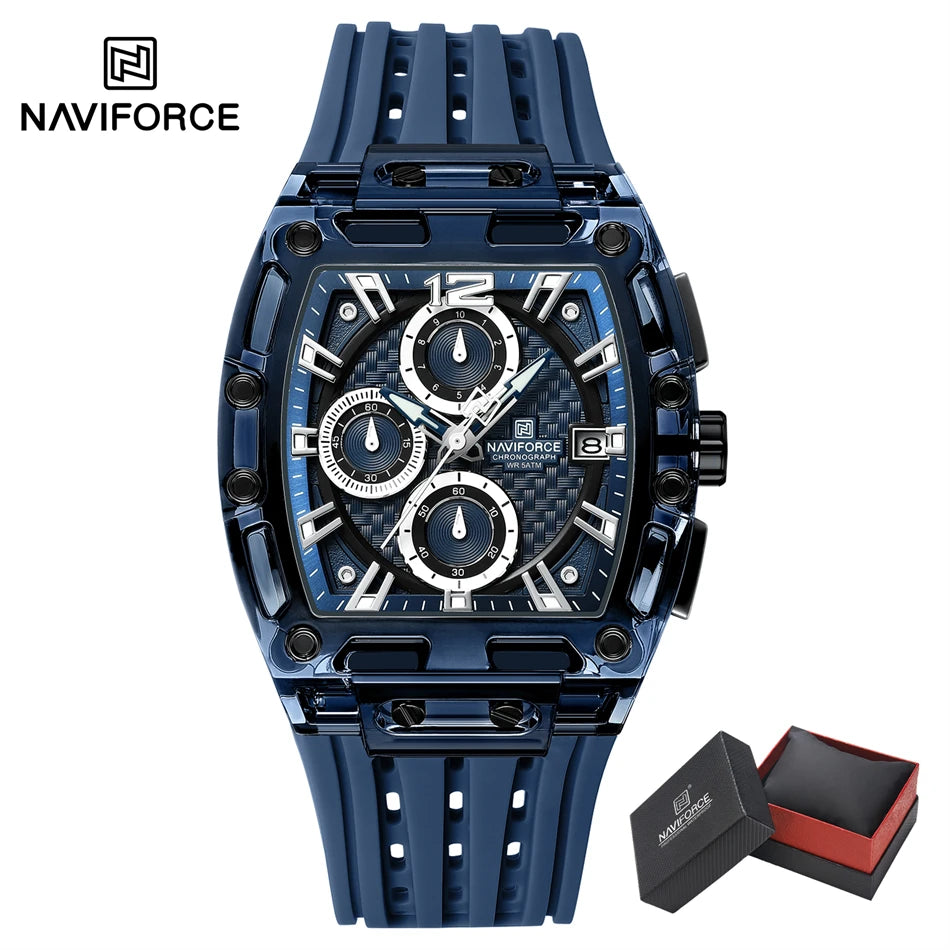 NAVIFORCE Men's Quartz Watch Multifunctional Colorful Chronograph Top Brand Silicone Strap 5ATM Waterproof Tonneau Wristwatches