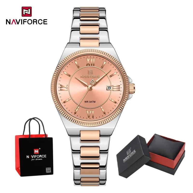 NAVIFORCE Women's Quartz Watch 3ATM Waterproof Date Display Stainless Steel Fashion for Daily Dress Lady Wristwatch Gifts Box