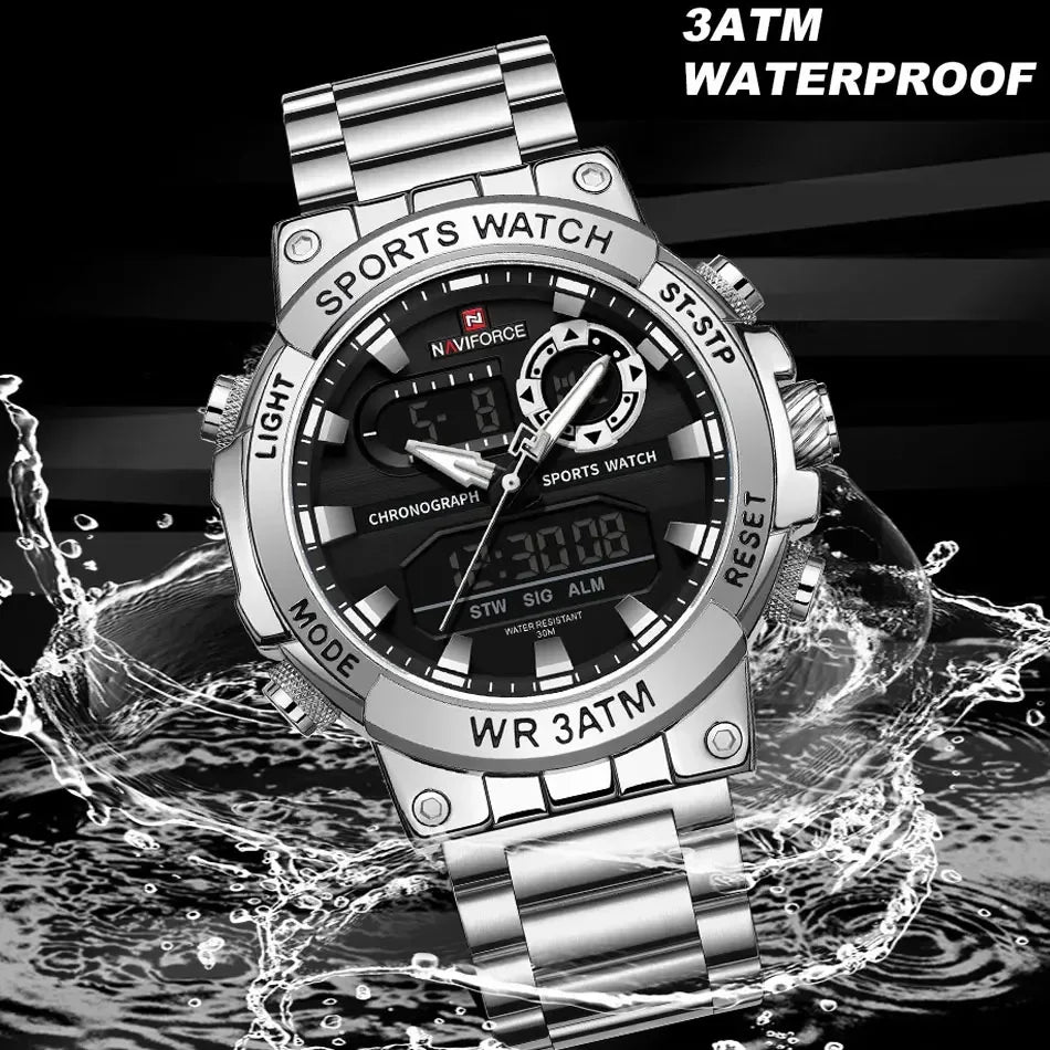 NAVIFORCE Men Watch Stopwatch Dual Time Display Men's Watch Fashion Sport Watch Stainless Steel Strap Waterproof  Package Gifts