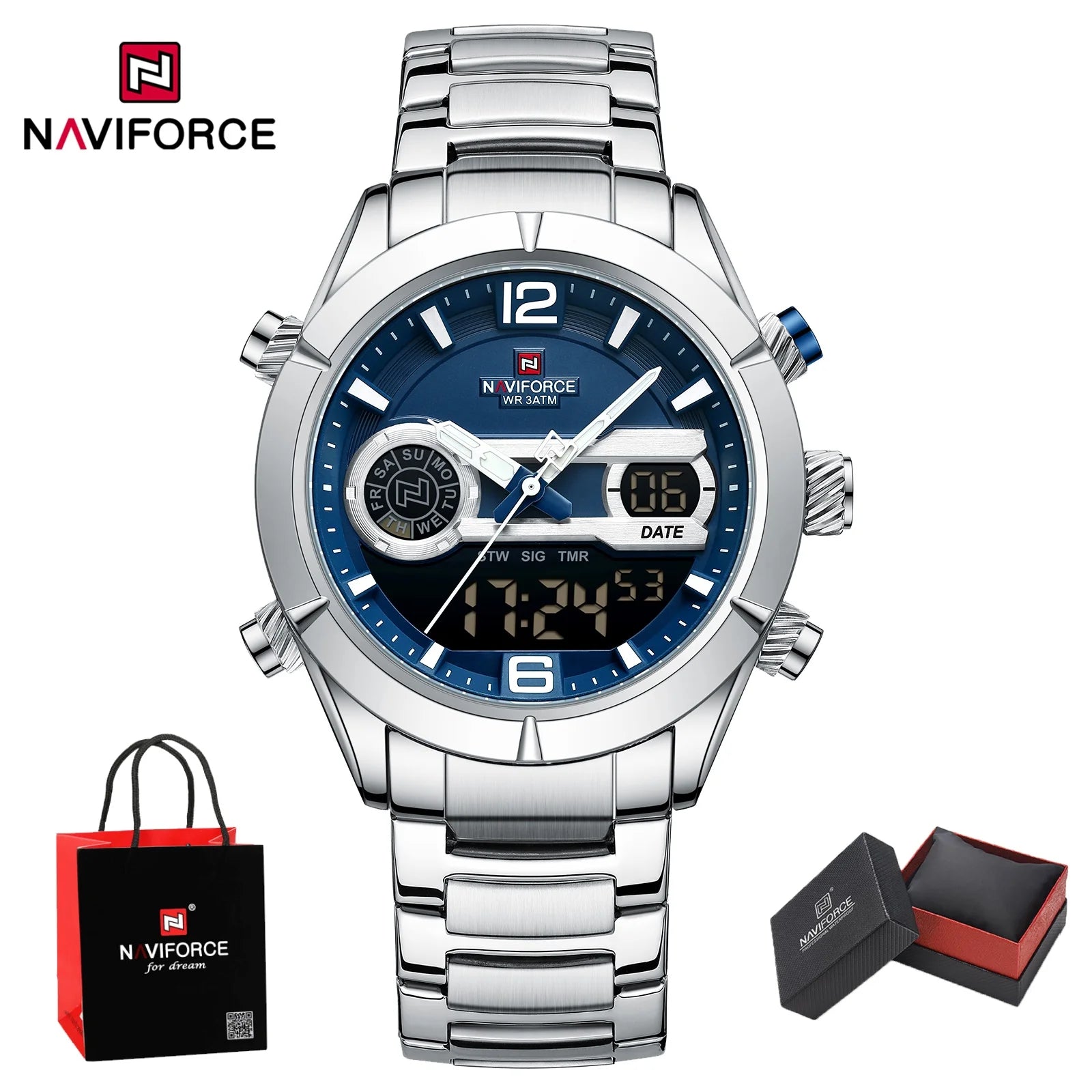 NAVIFORCE Men's Luxury Waterproof Digital Sport Watch Quartz Wristwatch Military Luminous Stainless Steel Strap Male gifts