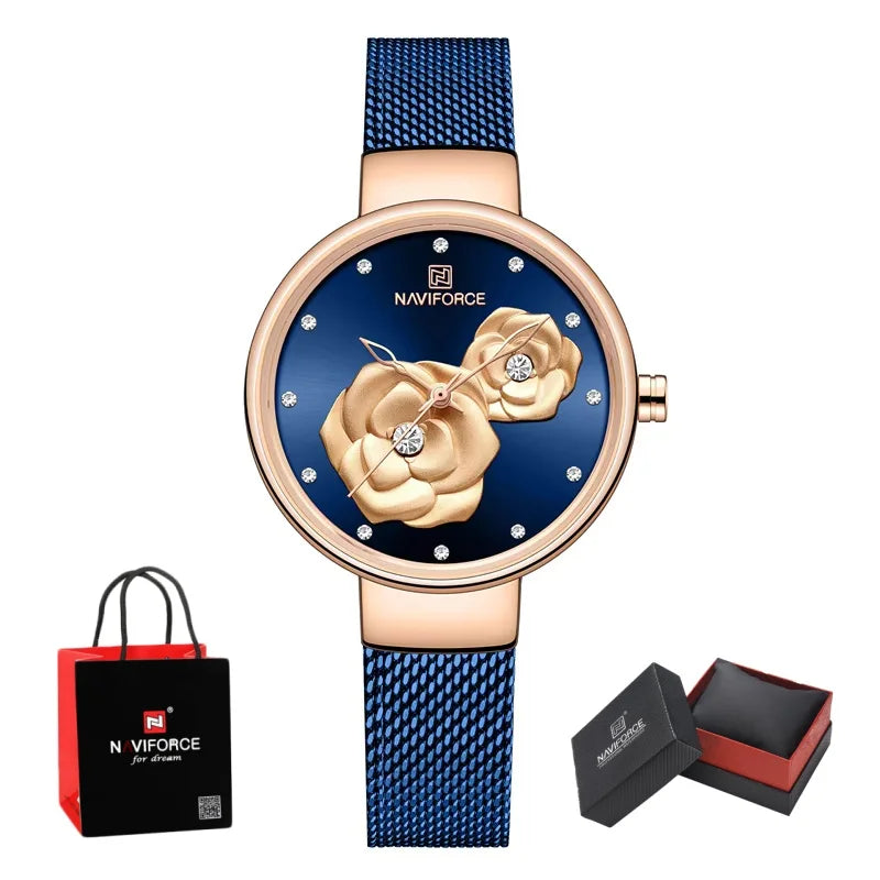 NAVIFORCE Woman's Quartz Watch Steel Band Creative Design Female Luxury Dress Clock Relogio Feminino Wristwatch Gift Box NF5013