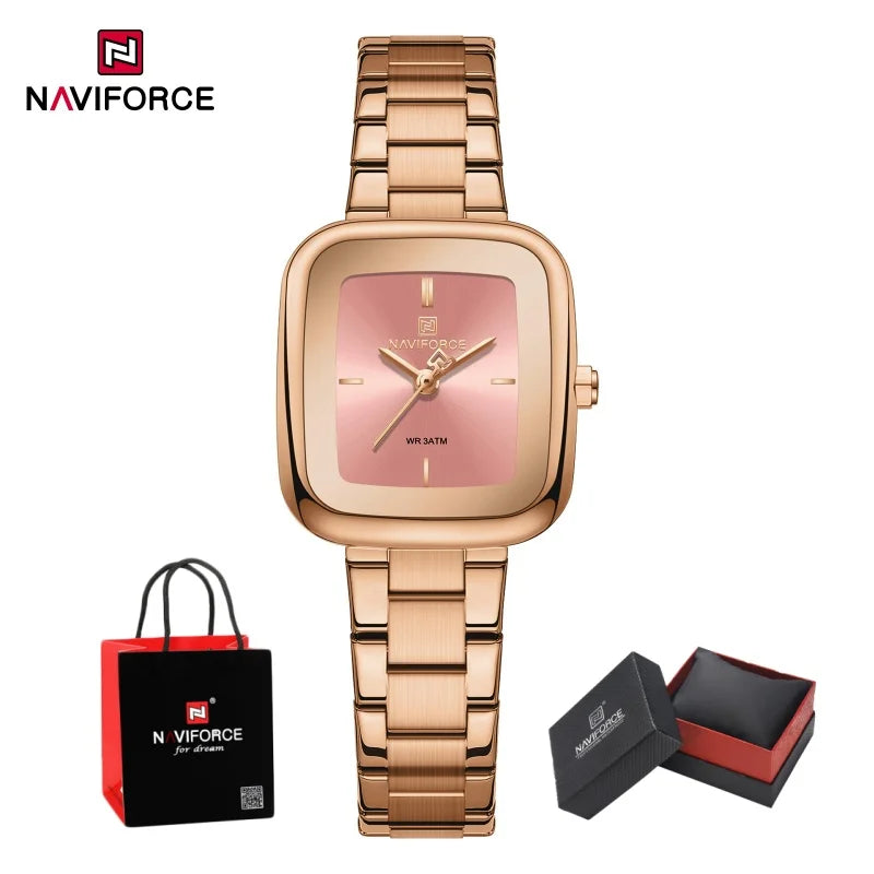 NAVIFORCE Square Watches for Women 3ATM Waterproof Stainless Steel Fashion Ultra Light Girls' Watch Wristwatch Gift Box for Lady