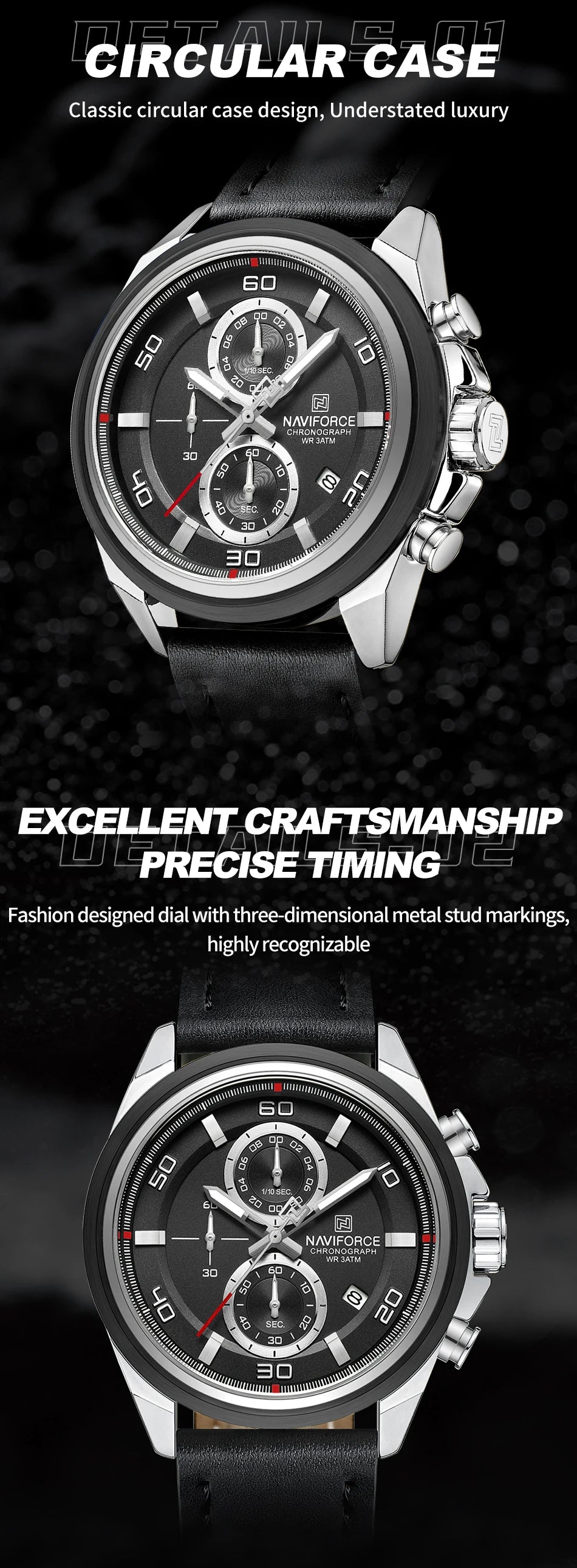 NAVIFORCE Men's Watch Quartz Chronograph Genuine Leather Strap Waterproof Luminous Hand Male Fashion Design Wristwatch Gifts Box