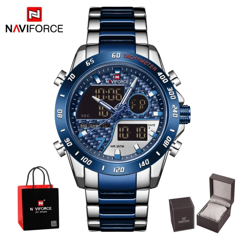 NAVIFORCE Men's Fashion Sports Watch Quartz Dual Display Luminous Waterproof Steel Band Clocks Male Outdoor Wristwatch Gifts Box