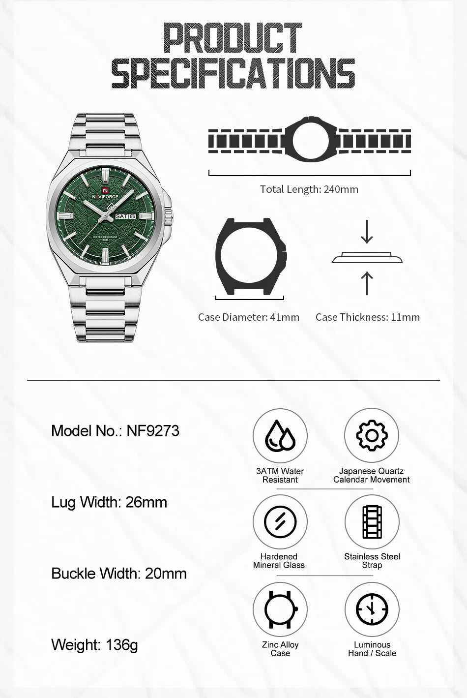 NAVIFORCE Men's Watch Quartz Calendar Week Display Waterproof Luminous Steel Band Male Trendy Outdoor Business Wristwatch NF9273