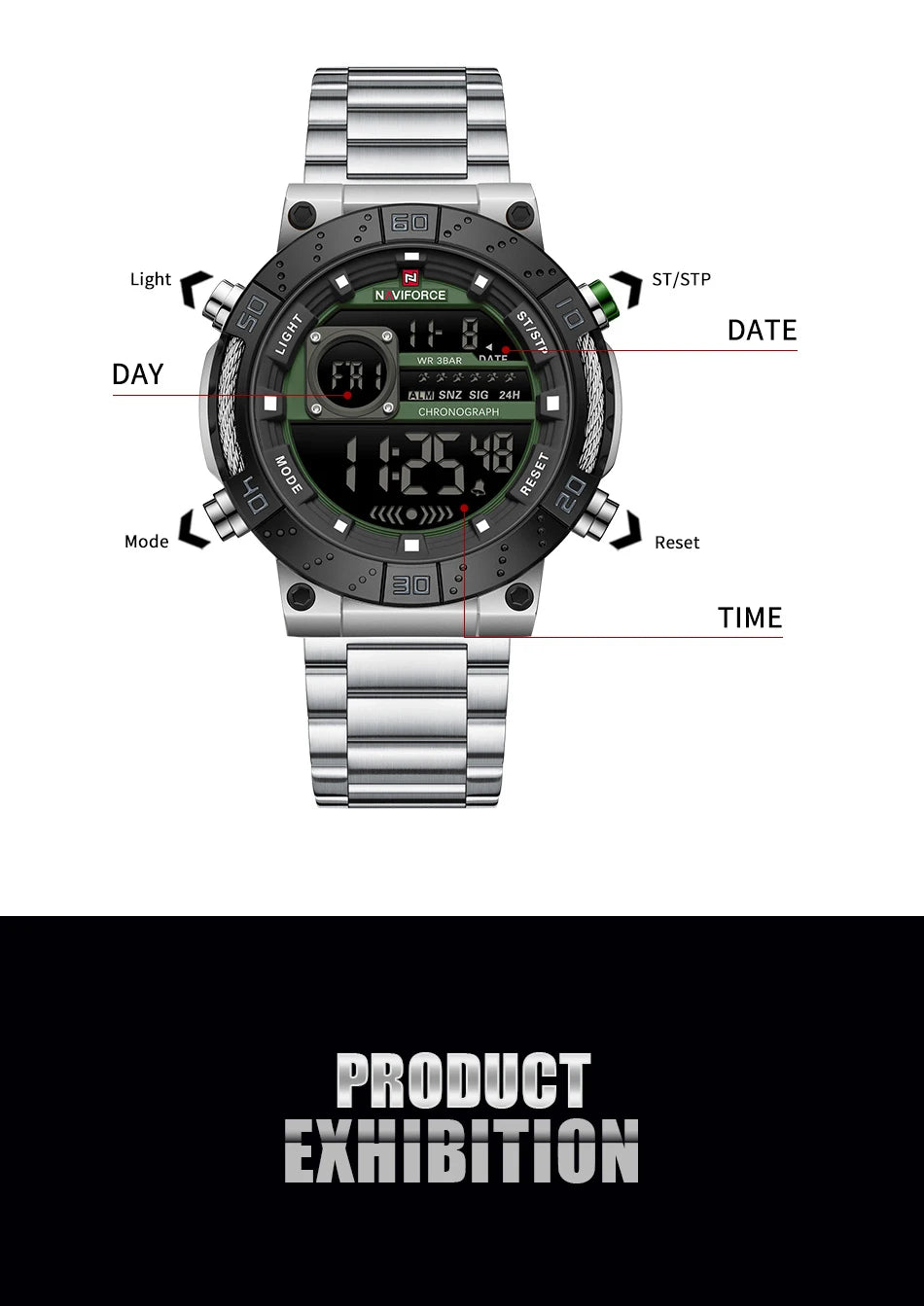 NAVIFORCE Watches for Men LCD Digital Luminous Stainless Steel Strap Male Hot Sale Business Luxury Wristwatch Relogio Masculino
