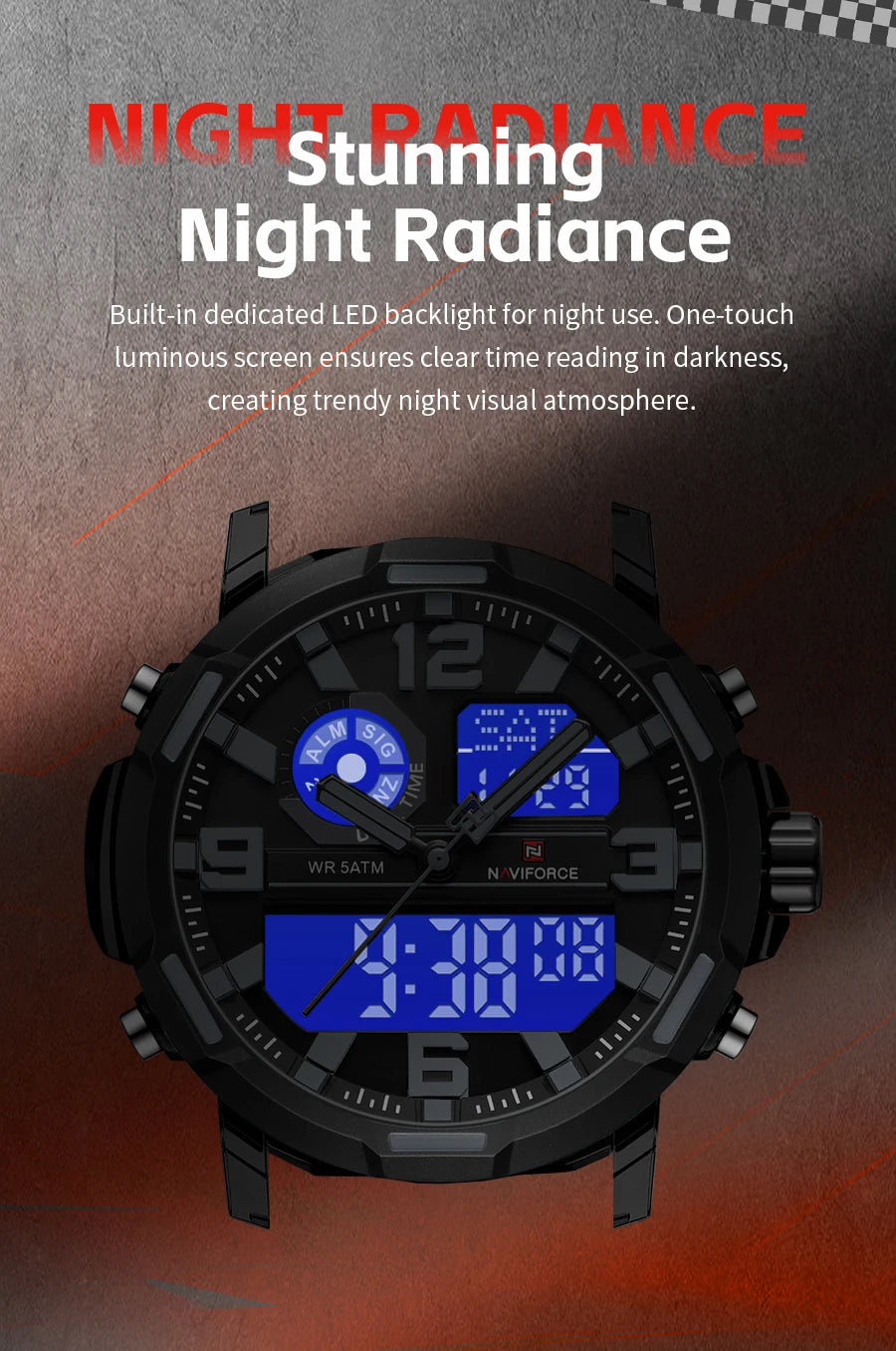 NAVIFORCE Men's Military Quartz Watch Slate Gray Dial White Arabic Numeral Scale 5ATM Waterproof Sports Personality Wristwatches