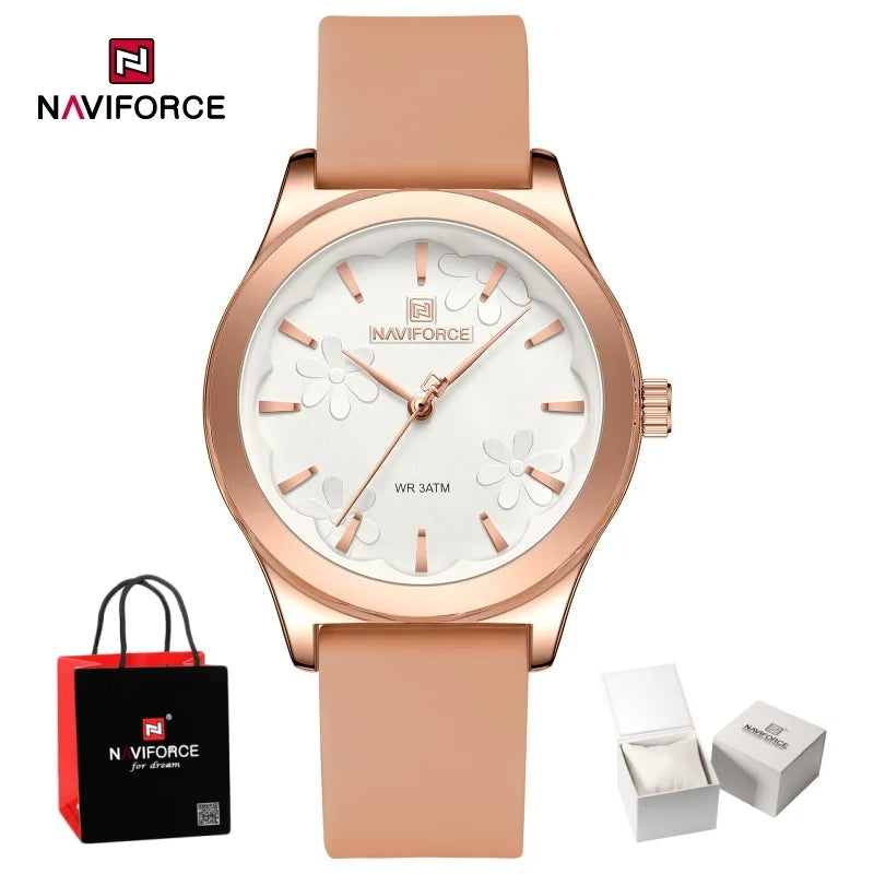 NAVIFORCE Women Simple Fashion Wristwatch Quartz 3ATM Waterproof Comfortable Silicone Strap Female Exquisite Wristwatch Gift Box