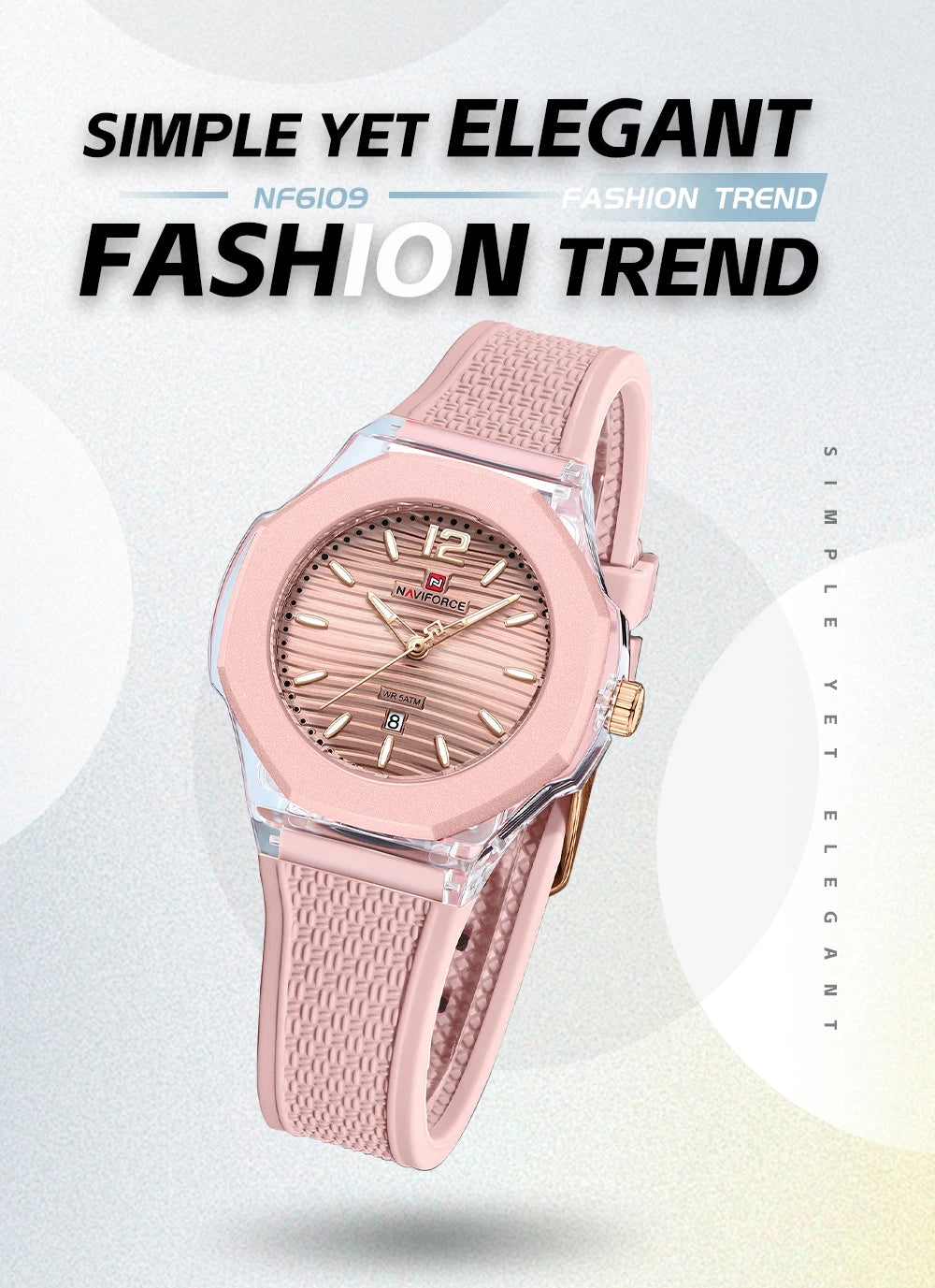 NAVIFORCE Woman's Watch Quartz Waterproof Silicone Band Date Display Wristwatch Luxury Trendy Ladies Dress Wristwatch Gifts Box
