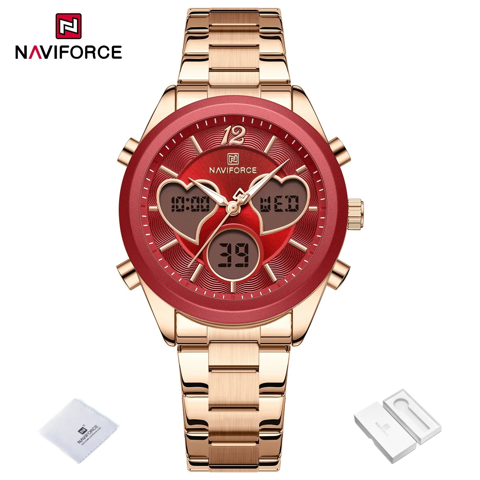 NAVIFORCE Women Watch Unique Design of Heart-Shaped Dial Quartz Analog LCD Digital Watches Fashion Casual Girlfriend Gifts Clock