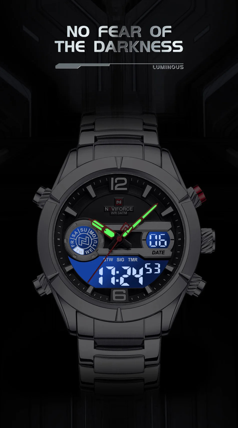 NAVIFORCE Brand Luxury Watch For Men Waterproof Digital Sport Quartz Wristwatches Military Luminous Stainless Steel Strap Clock