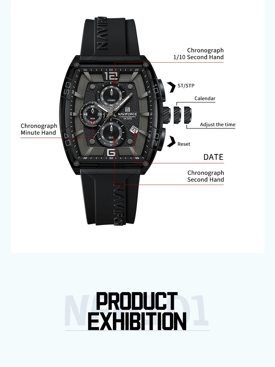 NAVIFORCE Men's Quartz Sports Casual Watch Silicone Strap Wristwatches Chronograph Waterproof Luminous Hands Man Auto Date Clock