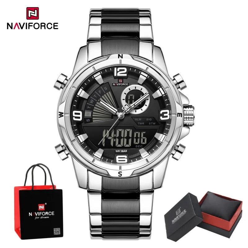 NAVIFORCE Luxury Man's Watch Quartz Chronograph Dual Display 3ATM Waterproof Military Style Sports Wristwatch Gift Box For Men