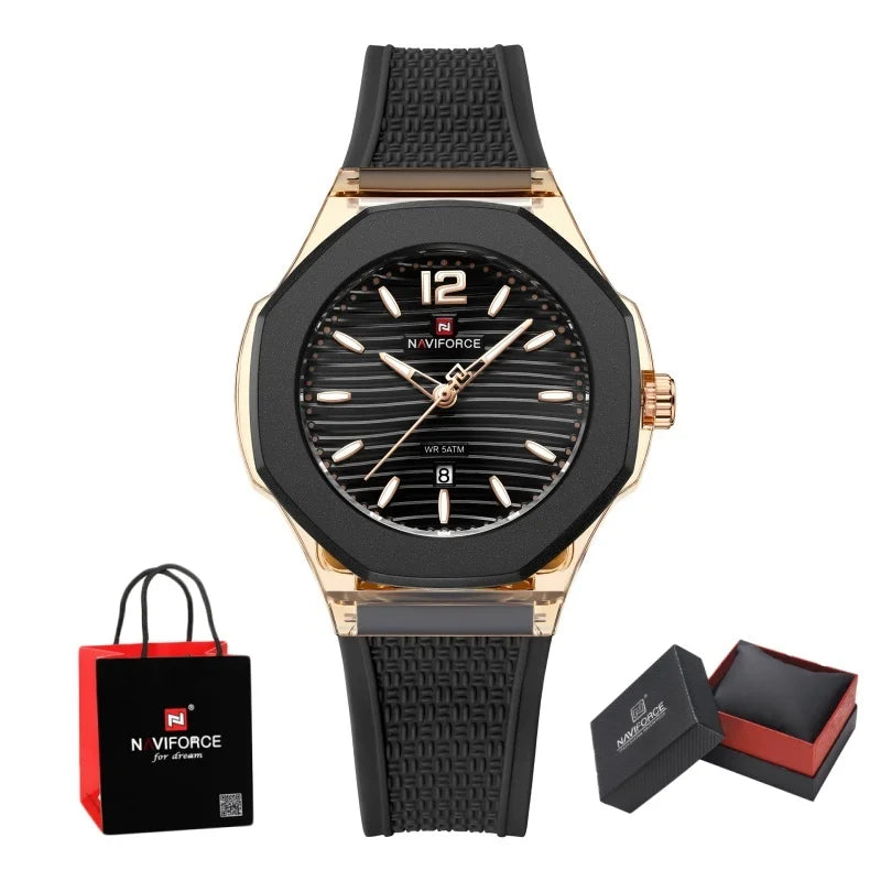 NAVIFORCE Woman's Watch Quartz Waterproof Silicone Band Date Display Wristwatch Luxury Trendy Ladies Dress Wristwatch Gifts Box