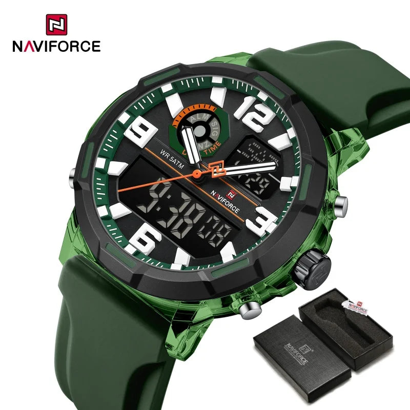 NAVIFORCE Quartz Dual Display Wristwatch for Men 50M Waterproof Silicone Band Multifuntion Clock Male Fashion Daily Sports Watch