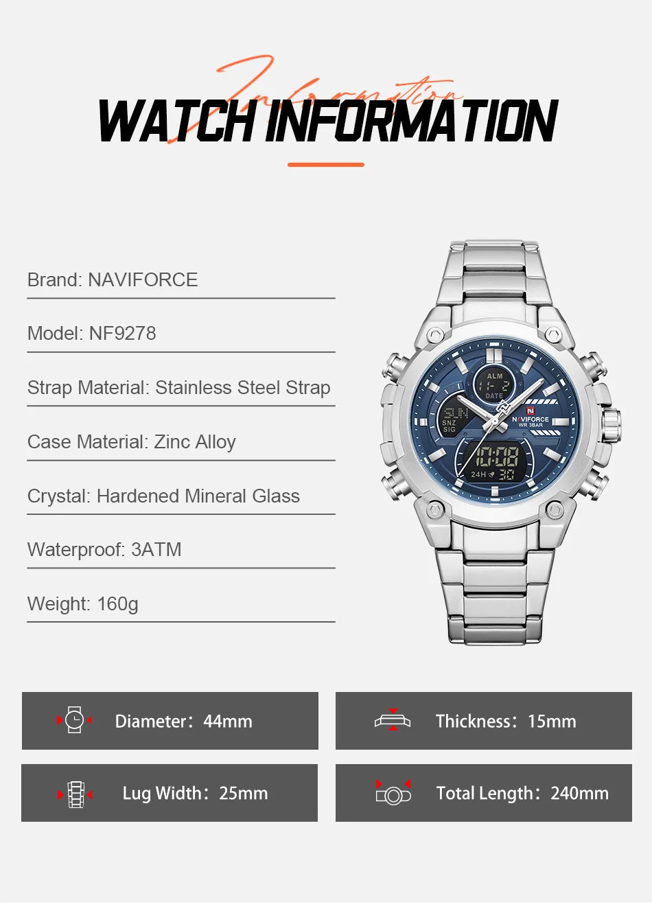 NAVIFORCE Watch For Men Stainless Steel Sport Casual Fashion Dual Display Sport Multifunction Chronograph men Waterproof Watch