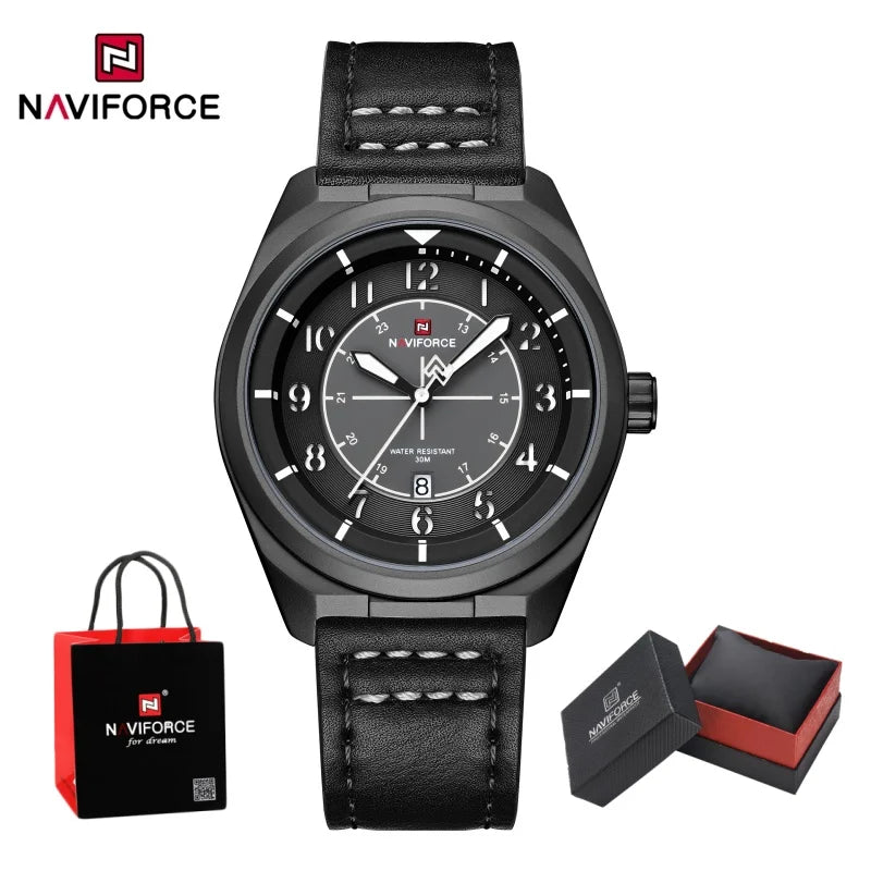 NAVIFORCE Men's Quartz Calendar Watch 3ATM Waterproof Leather Strap Casual Fashion Business Daily Wear Male Wristwatch Gift Box