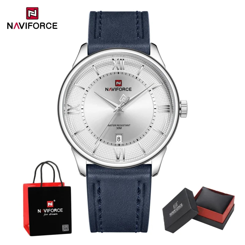 NAVIFORCE High Quality Men's Quartz Watch Date Display 3ATM Waterproof Leather Strap Male Fashionable Luxury Wristwatch Gift Box